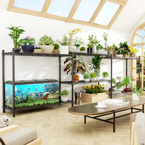 Heavy Duty 3 Tier Wire Shelving Unit With 1200 Lbs Capacity, 48 Inch Long By 20 Inch Wide By 47 Inch High Industrial Storage Rack For Garage, Kitchen, Laundry, Basement, Rust Resistant, Adjustable Shelves with potted plants and aquarium