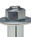 Close-up of Three Quarters Inch Hex Sleeve Anchor Zinc Plated Five And One Half Inch Length for masonry, showing hex nut and washer.