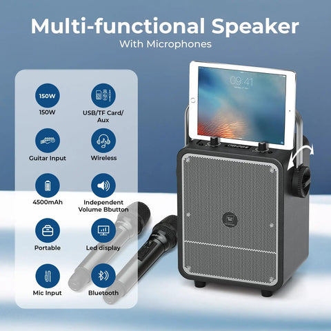 Front view of All In One 150W Karaoke Machine With Dual Wireless Mics Portable Party PA System And Voice Amplifier Bluetooth Speaker S200