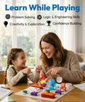 Hands On STEM Electronics Kit For Kids With Snap Together Circuits And Building Blocks That Make Electricity Fun For Ages Six And Up Beginner Friendly Science Toy, mother and child using white snap circuits