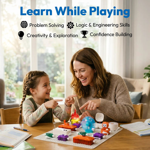 Hands On STEM Electronics Kit For Kids With Snap Together Circuits And Building Blocks That Make Electricity Fun For Ages Six And Up Beginner Friendly Science Toy, mother and child using white snap circuits