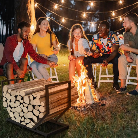 Built Tough Dope Firewood Rack For Indoor And Outdoor Use 31 Inch Log Holder stands near a campfire with friends.