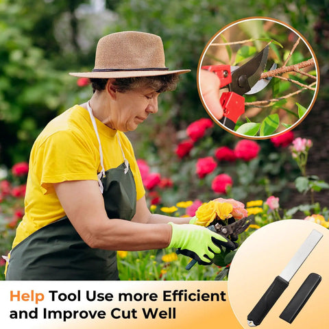 Gardener cutting roses with pruners, inset shows Diamond Sharpening Stone With Dual Grit 325 1200 Handheld Knife Sharpener.