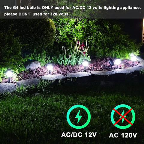 G4 LED Bulb 3W JC Bi-Pin, 12V ACDC Daylight White 6000K illuminating garden pathway at night with voltage caution symbols