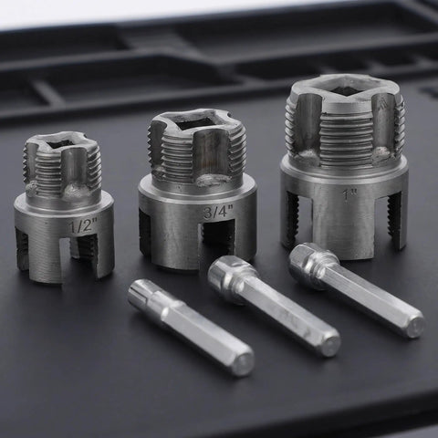 All-in-One Pipe Threader Set for Internal and External Threads, Reusable Plumbing Tool Kit, Drill-Ready for 1/2, 3/4, 1 Inch PVC and Metal Pipes, Adapters Included; three threaded dies