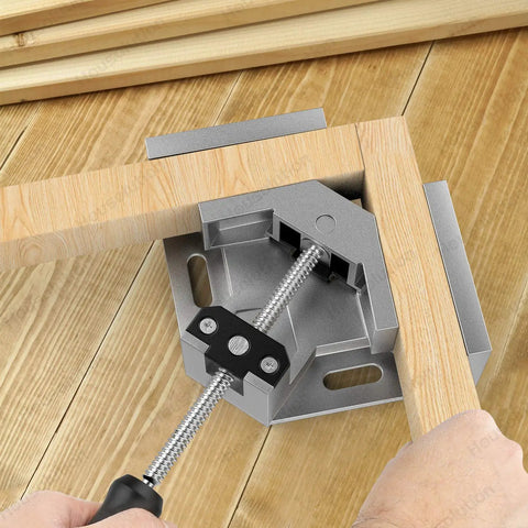 Two Pack Right Angle Clamp For Woodworking, 90 Degree Aluminum Corner Clamp With Single Handle And Adjustable Swing Jaw holding wood pieces
