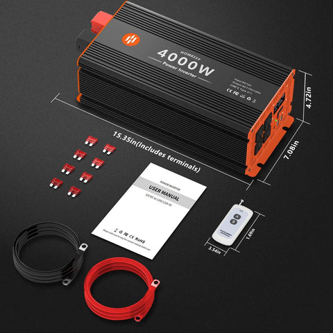 4000 Watt Power Inverter Converts 12V Dc To 120V Ac With 8000W Peak Surge includes terminals, user manual, and remote.