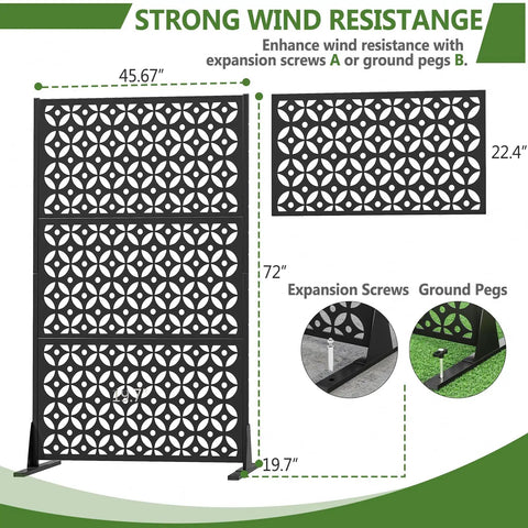 Outdoor Metal Privacy Screen Dope 72 Inch Tall by 46 Inch Wide Freestanding Decorative Fence Panel with wind resistance features