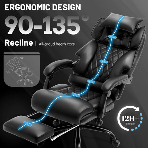 Massage Office Chair With Foot Rest And 3D Kneading Heat, Boss Level Comfort Ergonomic Desk Chair For Heavy People, Big And Tall Leather Office Chair Up To 500 Lbs, Recliner With Dual Use Pillow, Black shown in reclining position.
