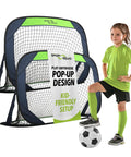 Portable Soccer Goal Net Set With Two 4 Ft Pop Up Training Goals And Compact Carry Case Easy Assembly shown with child and soccer ball
