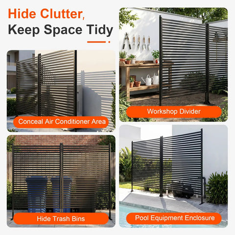 Outdoor Privacy Screen Panels Freestanding Metal Fence Wall With Base Feet for Patio, hides AC units, trash, pool equipment.