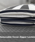 Close-up of 2 Pack Outdoor Lounge Chair Cushions Replacement Cushions For Patio Chaise Lounge, Black And White Stripes, showing zipper locking on durable polyester cover.