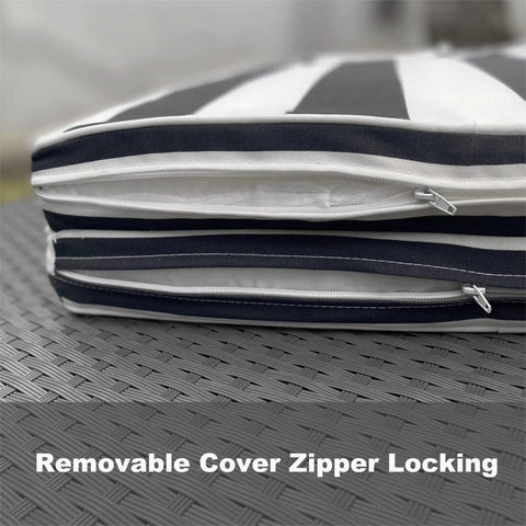 Close-up of 2 Pack Outdoor Lounge Chair Cushions Replacement Cushions For Patio Chaise Lounge, Black And White Stripes, showing zipper locking on durable polyester cover.