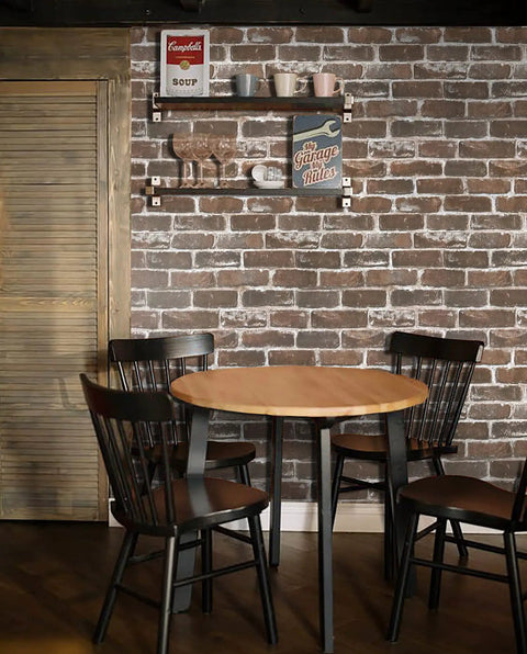 Dining area with brown brick peel and stick wallpaper roll 17.7 inches by 393.7 inches no glue needed easy peel and stick self adhesive vinyl faux 3D textured brick look waterproof durable PVC perfect for quick home makeovers.