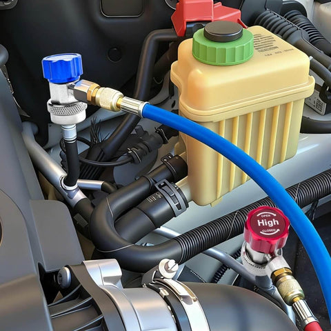 R134a Car AC Adapter Fittings with Adjustable Quick Couplers for High and Low Side installed on vehicle engine bay