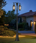 Two Head Outdoor Lamp Post Light Hardwired Street Pole For Outdoor Use With Water Glass Shade Sturdy Metal Post in garden