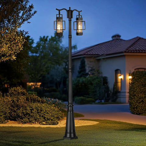 Two Head Outdoor Lamp Post Light Hardwired Street Pole For Outdoor Use With Water Glass Shade Sturdy Metal Post in garden