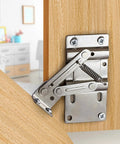 Close-up of one pair tip out tray hinges for kitchen cabinets self closing satin nickel finish DIY friendly attached to a wooden cabinet