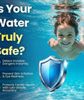 Child swimming underwater with safety shield icon and text about water safety, related to 10-In-1 Pool And Spa Water Test Kit With App