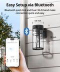 2K HD Outdoor Lantern Camera with Wi Fi mounted on wall, black anti-rust steel, easy Bluetooth setup via smartphone app.