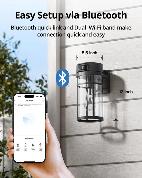 2K HD Outdoor Lantern Camera with Wi Fi mounted on wall, black anti-rust steel, easy Bluetooth setup via smartphone app.