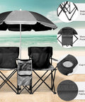 Two Person Folding Camping Chair With Adjustable Umbrella Built In Cooler And Beverage Holder Detachable Side Table