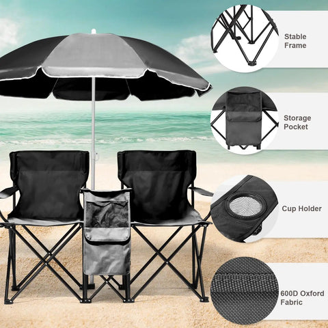 Two Person Folding Camping Chair With Adjustable Umbrella Built In Cooler And Beverage Holder Detachable Side Table