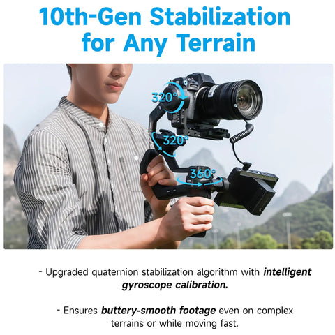 Person holding SCORP C2 Camera Gimbal Stabilizer With AI Tracking 4.0, showcasing 3-axis stabilization and Canon camera.
