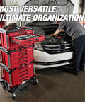 Premium Shop Rig Ready 366 Piece Master Mechanics Hand Tool Set With Heavy Duty 12 Drawer Rolling Cart in garage during repair.