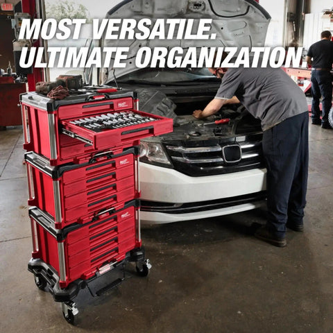 Premium Shop Rig Ready 366 Piece Master Mechanics Hand Tool Set With Heavy Duty 12 Drawer Rolling Cart in garage during repair.