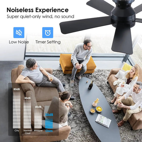 41 Inch Black Flush Mount Ceiling Fan With Lights Remote Control Dope Quiet DC Motor 6 Speed Reversible 3CCT LED Dimmable