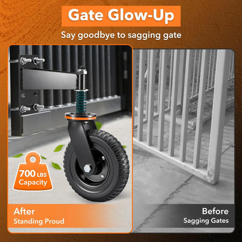 8 Inch Heavy Duty Fence Gate Wheel With 360 Degree Rotation Spring Loaded Rubber Caster 700 Lbs Capacity installed on metal gate
