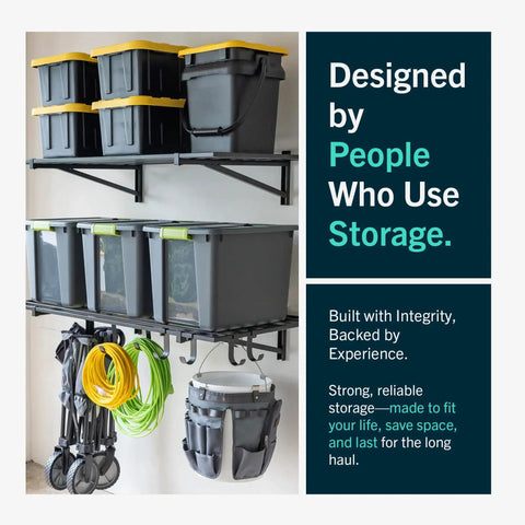 Beefy Garage Shelving Wall Mounted 2 Pack 12 Inch Deep 71 Inch Long Steel Storage Racks With Hooks, installed with storage bins and tools.