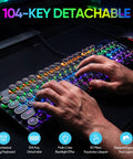 Slick Wired Retro Typewriter Mechanical Gaming Keyboard With 104 Keys Punchy Blue Switches And Bangin Rgb Backlighting For Pc And Mac Featuring Rad Round Keycaps For Pure Vibe, with hands typing.