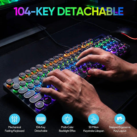 Slick Wired Retro Typewriter Mechanical Gaming Keyboard With 104 Keys Punchy Blue Switches And Bangin Rgb Backlighting For Pc And Mac Featuring Rad Round Keycaps For Pure Vibe, with hands typing.