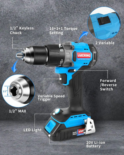 Brushless 20 Volt Cordless Hammer Drill Set With Two Batteries And Charger One Half Inch Drive Three Modes Hammer Drill