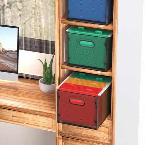 Collapsible Mesh Hanging File Crates With Handy Carry Handle Letter Size Document Holder and Portable Desk Organizer in office.