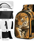 Wild Rock Tiger Printed Backpack for Men and Women with close-up of handle, shoulder strap, double zipper, side pockets