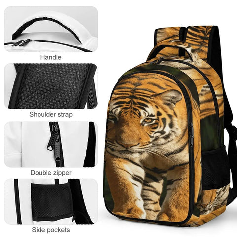 Wild Rock Tiger Printed Backpack for Men and Women with close-up of handle, shoulder strap, double zipper, side pockets