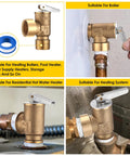 Gulfmew brass 30 PSI pressure relief valve, 3/4 in NPT; collage shows front, side, and installed views.