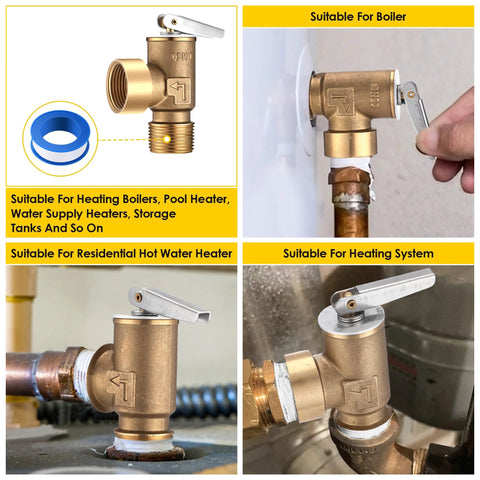 Gulfmew brass 30 PSI pressure relief valve, 3/4 in NPT; collage shows front, side, and installed views.