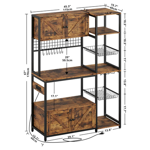 Workhorse 45.3 inch baker rack with two cabinets, open shelves, wire basket, and vintage brown finish with power outlet