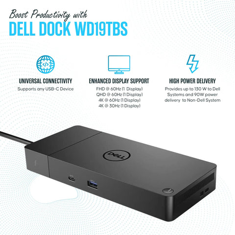 Dell Dock WD19TBS with universal connectivity features, enhanced display support, and high power delivery.