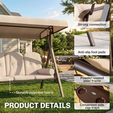 Three Seat Patio Swing Chair With Adjustable Canopy Beige featuring strong connection, anti-slip foot pads, and side trays