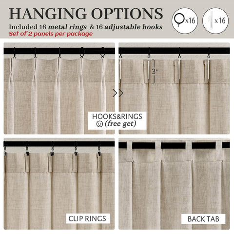 Hanging options for Natural Linen Blend Heavy Fall Curtains 86 Inches Long For Bedroom And Living Room, set of 2 panels with hooks.
