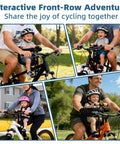 Adults riding mountain bikes with front mounted child bike seats and guardrails, kids smiling, showcasing product in action.