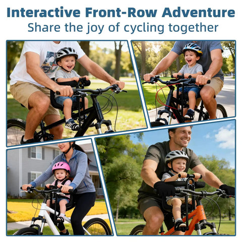 Adults riding mountain bikes with front mounted child bike seats and guardrails, kids smiling, showcasing product in action.