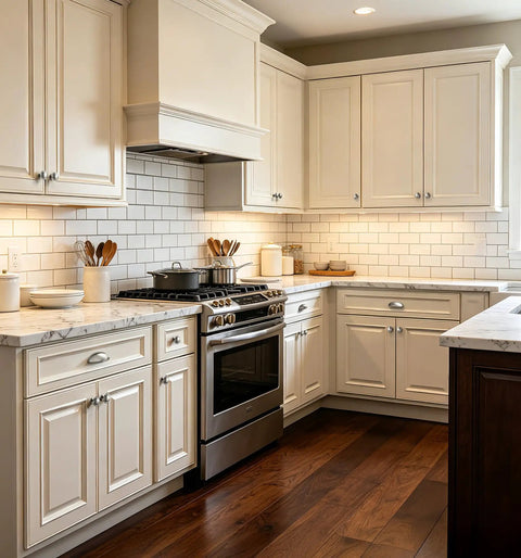 Stylish kitchen with 10 Pack 1-1/4 Inch Brushed Nickel Solid Zinc Alloy Euro Style Cabinet Knobs and Drawer Pulls on white cabinets.