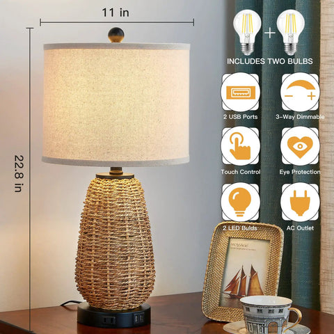 Rattan Style Table Lamps Set Of 2 With Touch Dimming 3 Way Brightness USB Ports And AC Outlet Nightstand Lamps For Bedroom.