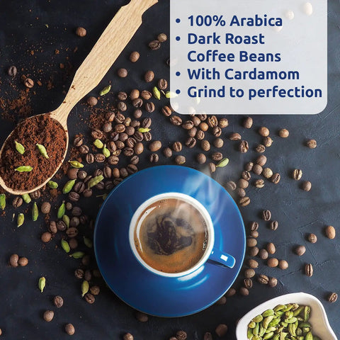 Turkish Coffee With Cardamom Ground Arabica Dark Roast 4 Pack 450g Each Bold Flavor Kick Works With Turkish Coffee Machines Lebanese Arabic Style Coffee Beverages, with coffee cup and cardamom